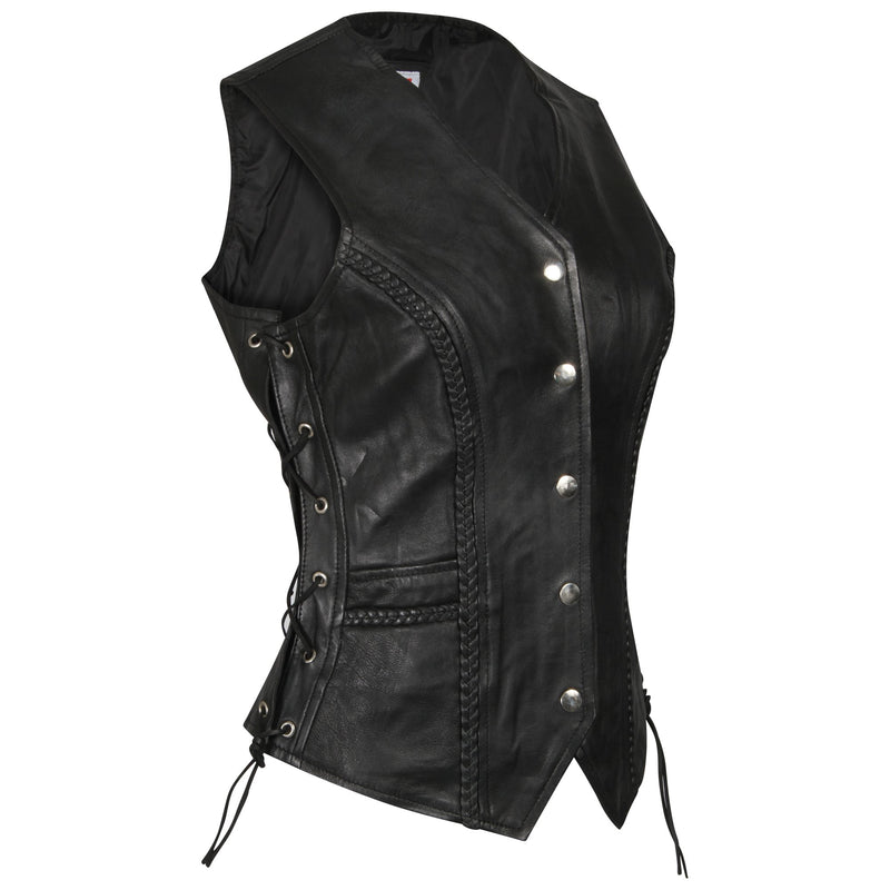 Ladies Real Leather Side Lace Motorcycle Biker Waistcoat Vest Gilet