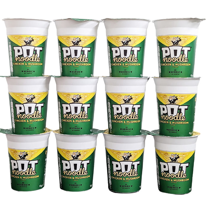 Chicken & Mushroom Pot Noodle Multipack - Pack of 12 x 90g Instant Pot Noodles with Topline Card. Chicken Soup Snack Pots Bulk Buy for Camping Food, Picnics or School Holidays.