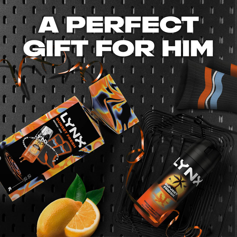 Lynx Sunset Fresh Body Spray & Socks Cracker Gift Set with our latest body spray deodorant scent perfect for any occasion 1 piece