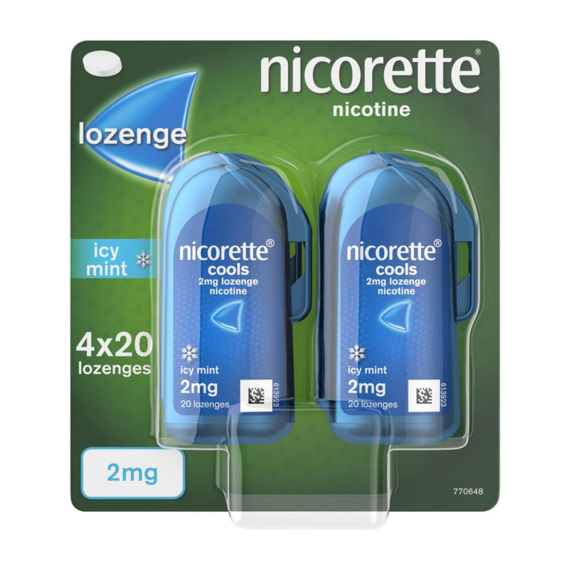 Nicorette Cools 2mg Lozenge, 80 Pieces (4 x 20 Packs), Effective and Discreet Stop Smoking and Stop Vaping Aid, Nicotine Lozenges with Dual-Layer Icy Mint Flavour Release (Quit Smoking or Vaping)