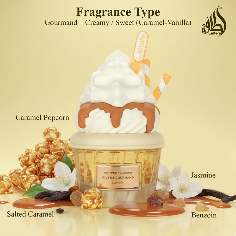 Lattafa Whipped Pleasure Eau de Parfum, Give Me Gourmand Collection - Whipped Cream, Caramel & Vanilla Scent, Spray Form, Unisex 75ml Perfume