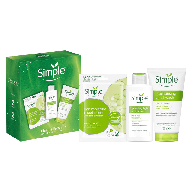 Simple Gift Set Simple Clean & Fresh Regime Collection with a facial wash, a sheet mask, and a moisturiser perfect for any occasion 3 piece