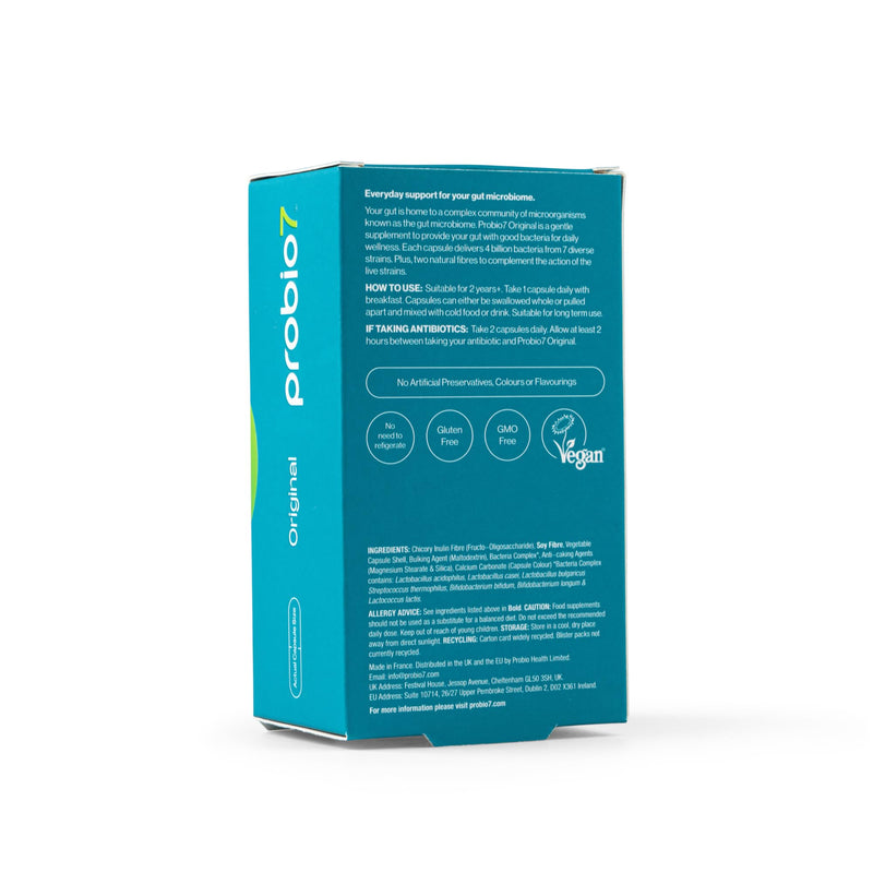 Probio7 Original | Vegan Approved | with 4 Billion CFU, 7 Live Bacterial Strains + 2 Types of Natural Fibre | Digestive Health Supplements, Probiotics for Gut Health