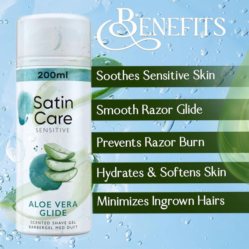 Satin Care Sensitive Aloe Vera Glide Shaving Gel for Women with Cosmetic Spatula, 2 x 200ml Twin Pack – Moisturising Shave Gel for Smooth, Irritation-Free Shave on Legs & Body