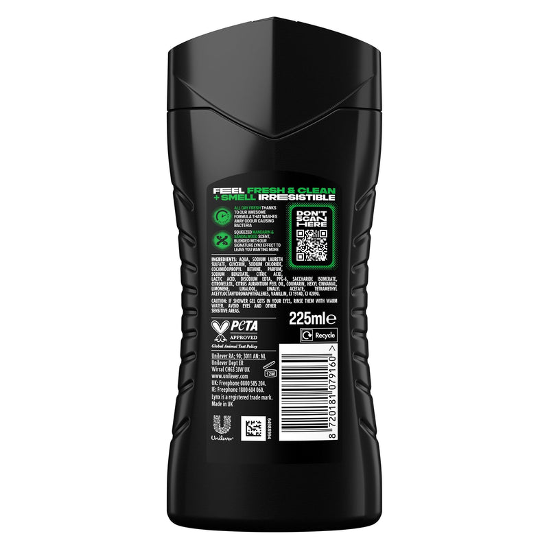 Lynx Limited Edition FIFA Africa 3-in-1 Body Wash 225ml, 12 Pack Men's Shower Gel for Body Hair Face, 12H Refreshing Fragrance, Hydrating Cleansing Shower Gel, Daily Grooming Body Wash for Men