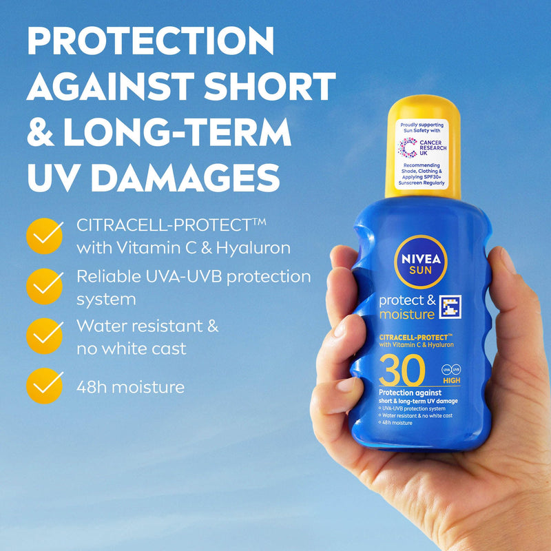 NIVEA SUN Protect & Moisture Sun Spray SPF 15 Moisturising Suncream Spray with SPF 15 Highly Effective Sunscreen Providing Immediate Effective UVA + UVB Protection