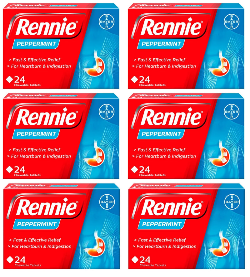 Rennie Peppermint - Antacids, Heartburn Relief and Indigestion Tablets, Fast and Effective Relief for Acid Reflux - 144 Tablets (6 Pack of 24 Tablets)