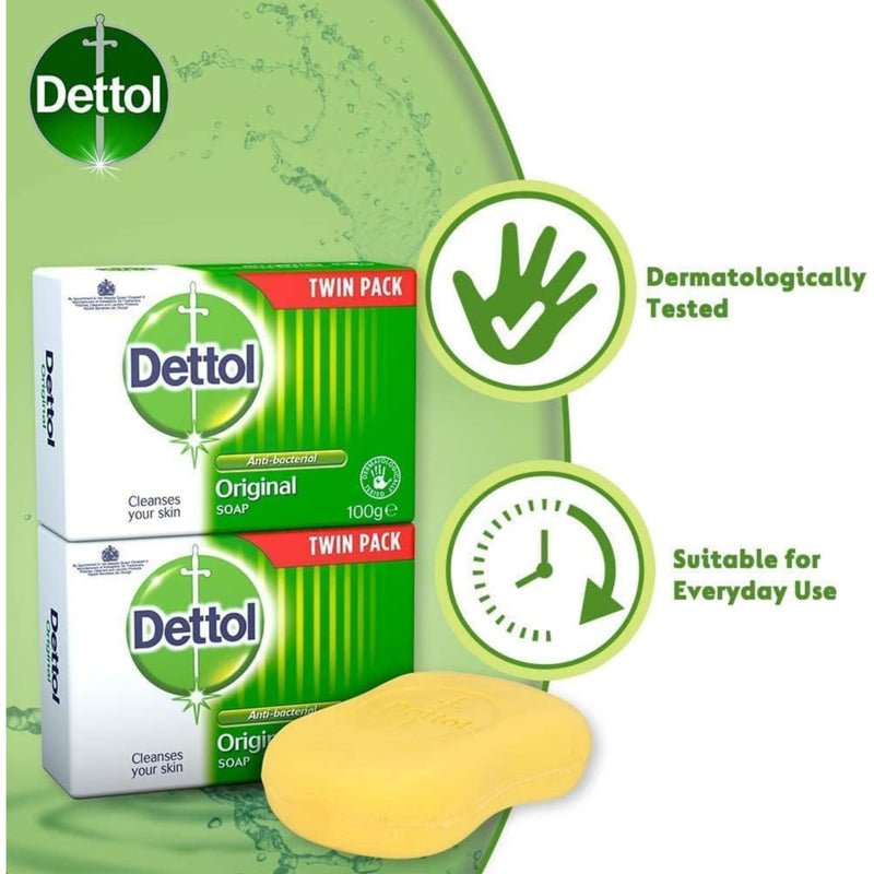 Dettol Soap Original Antibacterial Bar - 3 Twin Pack, 6 x 100g Antibacterial Hand & Body Soap Bar – Disinfects and Kills 99.99% of Germs, Ideal for Handwashing and Cleansing