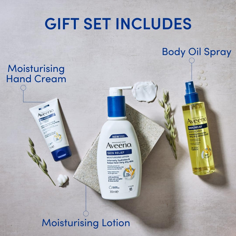 Aveeno Skin Relief Gift Set for Very Dry Skin, Body Oil Spray 200ml + Moisturizing Lotion 300ml + Moisturizing Hand Cream 75ml, Pack of 3