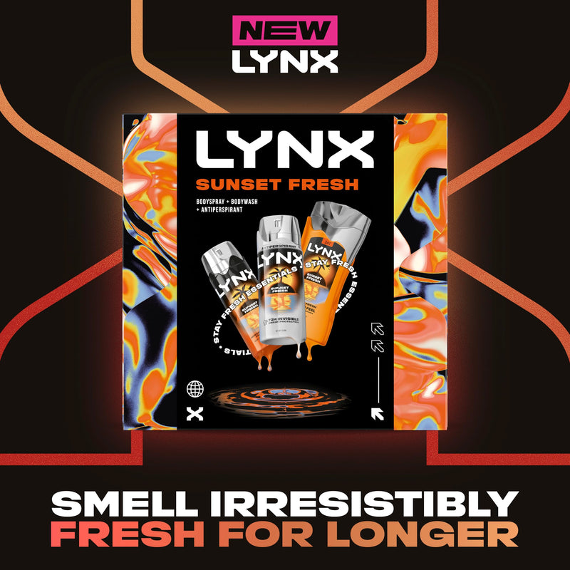 Lynx Sunset Fresh Trio Gift Set with a body spray, a body wash and an anti-perspirant perfect for any occasion 3 piece