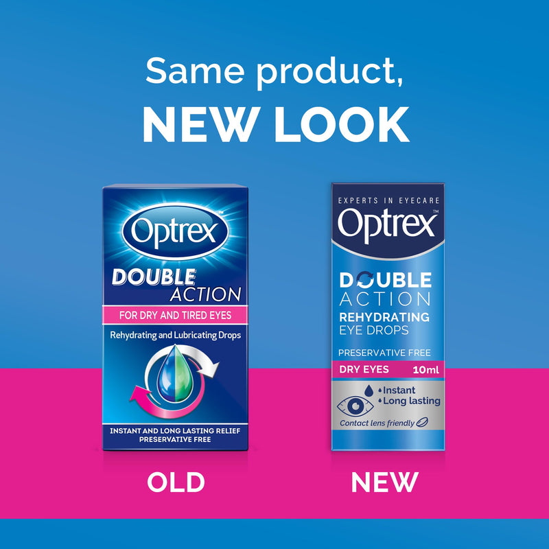 Optrex Double Action, Dry Eyes, 10 ml, Moisturising Drops for Dry & Tired Eyes, Fast Long-Lasting Relief, Restores Moisture, Suitable with Contact Lenses, Eye Care Solution, Instant Relief