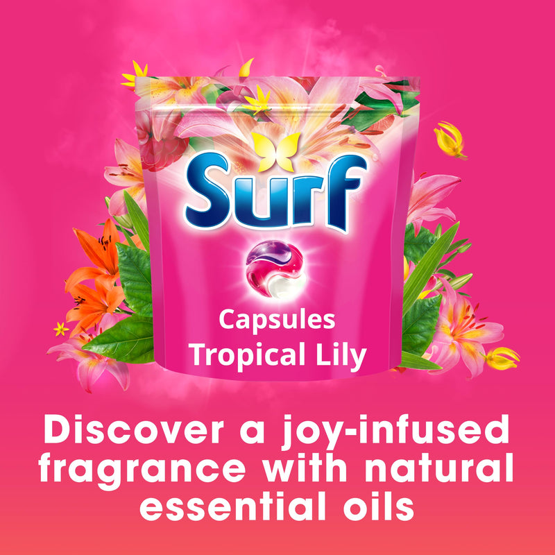 Surf 3 in 1 Tropical Lily Laundry Washing Detergent Capsules joy-infused fragrance with natural essential oils lasting up to 12 hours in wear for brilliantly clean results 51 washes