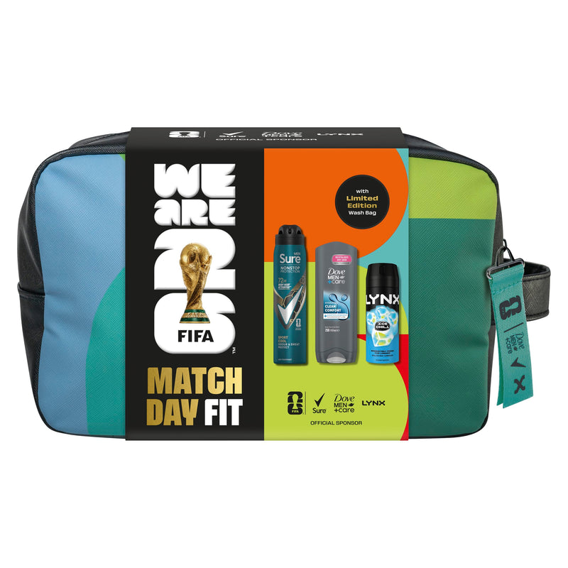 Dove, Lynx, Sure Gift Set Washbag for Him with an advanced anti-perspirant, body wash, body spray & limited edition wash bag Match Day Fit for him 3 piece