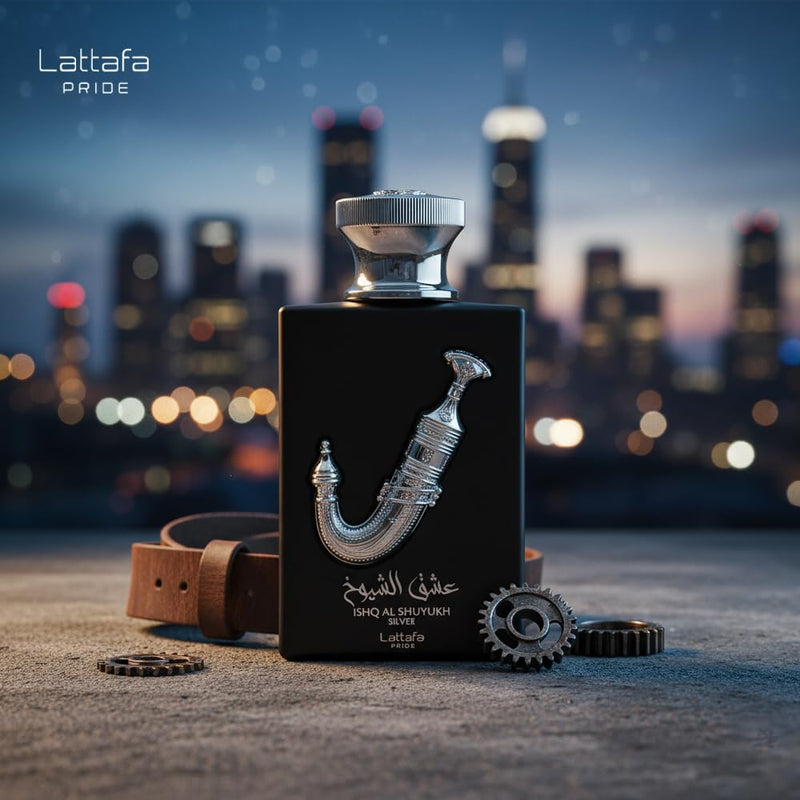 Lattafa Pride Ishq Al Shuyukh Silver Eau de Parfum 100ml Unisex - Long Lasting Fresh Woody Aromatic Perfume with Lemon, Bergamot, Black Pepper, Pineapple, Amber Wood & Cedarwood