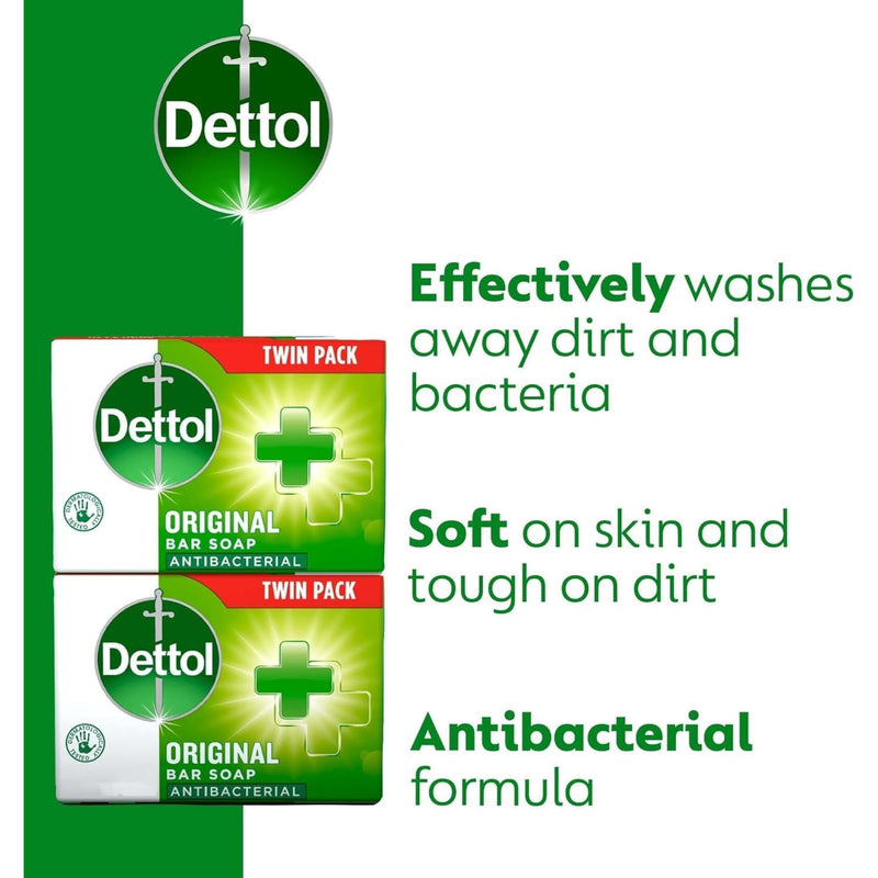 Dettol Soap Original Antibacterial Bar - 3 Twin Pack, 6 x 100g Antibacterial Hand & Body Soap Bar – Disinfects and Kills 99.99% of Germs, Ideal for Handwashing and Cleansing