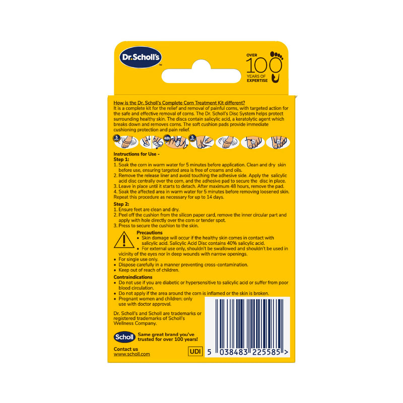 Scholl Complete Corn Removal Treatment Kit, 1 Pack - Medicated Action with Salicylic Acid, Includes 6 Pads, 6 Medicated Discs, and 9 Cushions for Effective Corn Removal