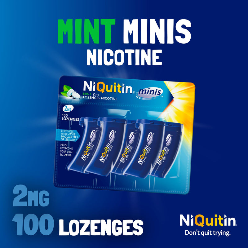 NiQuitin Minis Mint 2 mg Lozenges - Effective Smoking Craving Relief - Practical Pocket-Sized Container - 100 Mini Lozenges - Relieve Sudden Cravings - Reduce and Quit Smoking and Vaping Aid