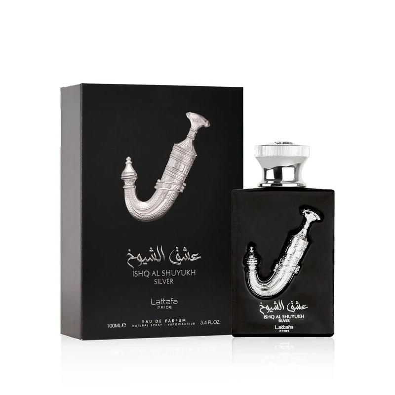 Lattafa Pride Ishq Al Shuyukh Silver Eau de Parfum 100ml Unisex - Long Lasting Fresh Woody Aromatic Perfume with Lemon, Bergamot, Black Pepper, Pineapple, Amber Wood & Cedarwood