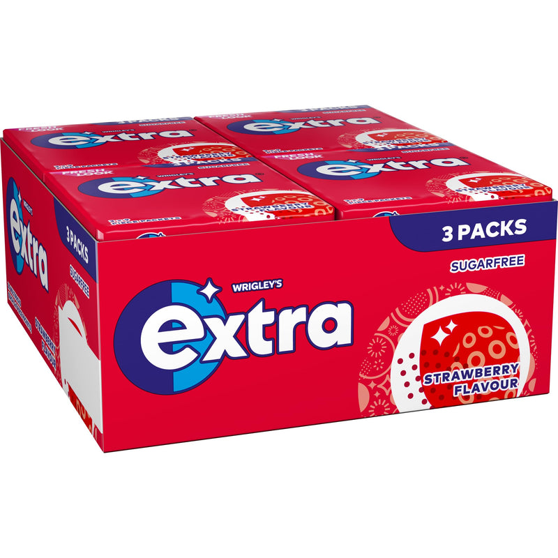 Extra Sugar-free Chewing Gum, Refreshing Strawberry Flavour, Freshens Breath, With Xylitol, Helps with Oral Hygiene for Healthy Teeth & Gums 20 x (3 x 9pieces)