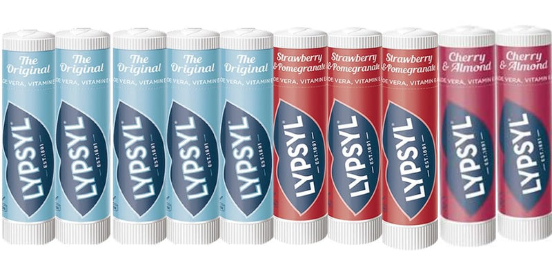 Lypsyl UnTinted Lip Balm Stick 10-Pack – SPF15 – 5x Original, 3x Strawberry & Pomegranate, 2x Cherry & Almond – Moisturizing Lip Care
