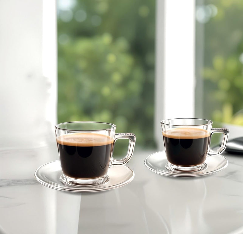 Turin Glass Espresso Cup Set, 90ml, 6 Cups and Saucers, Clear