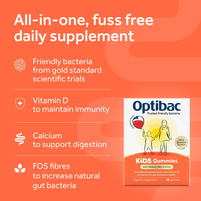 Optibac Probiotics Kids Gummies - Kids Probiotic with Vitamin D & Calcium for Immune System Support & Gut Health with 2 Billion Bacterial Cultures - 60 Vegan Gummies