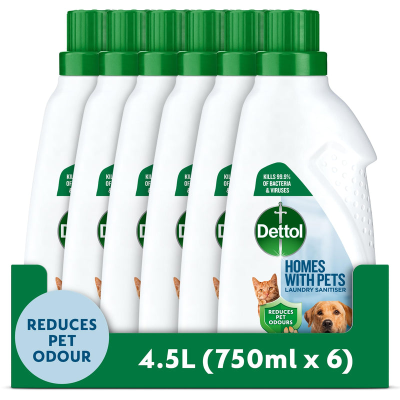Dettol Laundry Sanitiser, Homes with pets, Fresh Breeze, 4.5L Total (750ml x 6pck) Eliminates Pet Odours, Cleanser & Disinfectant, Kills 99.9 Percent of Bacteria