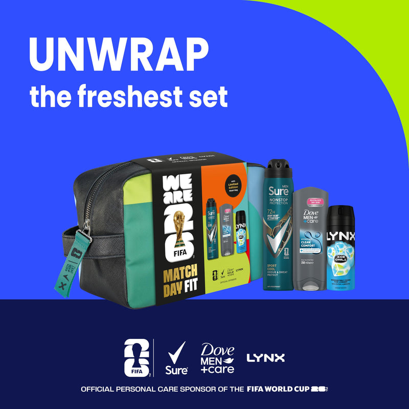 Dove, Lynx, Sure Gift Set Washbag for Him with an advanced anti-perspirant, body wash, body spray & limited edition wash bag Match Day Fit for him 3 piece