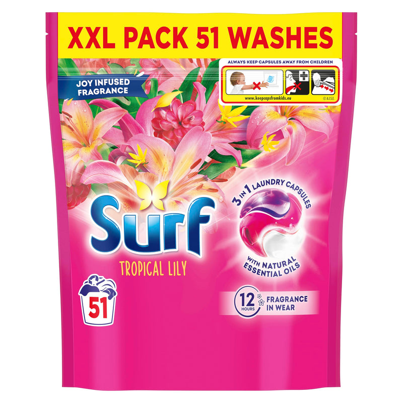 Surf 3 in 1 Tropical Lily Laundry Washing Detergent Capsules joy-infused fragrance with natural essential oils lasting up to 12 hours in wear for brilliantly clean results 51 washes