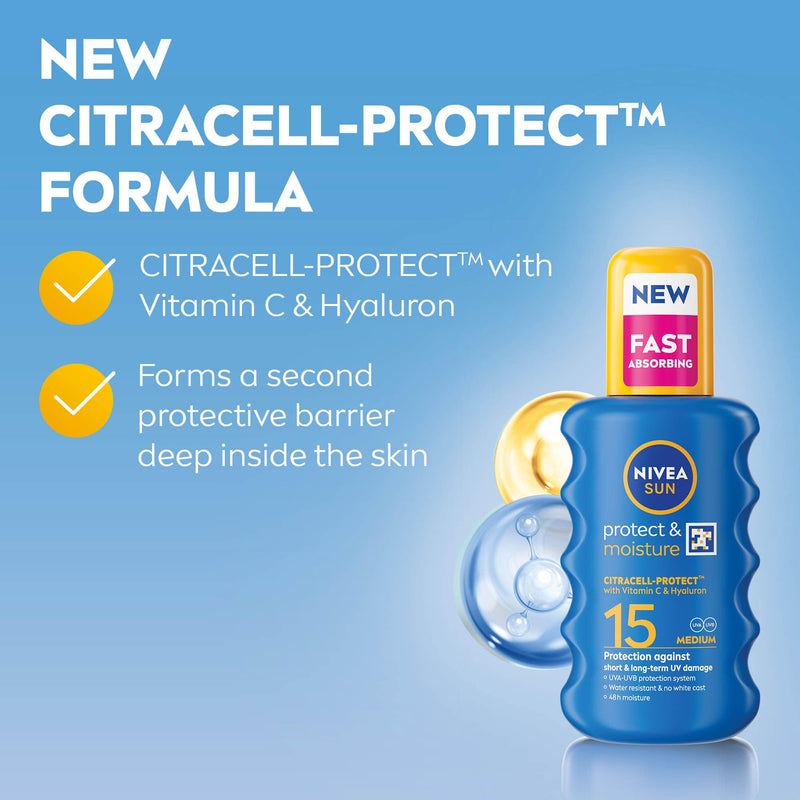 NIVEA SUN Protect & Moisture Sun Spray SPF 15 Moisturising Suncream Spray with SPF 15 Highly Effective Sunscreen Providing Immediate Effective UVA + UVB Protection
