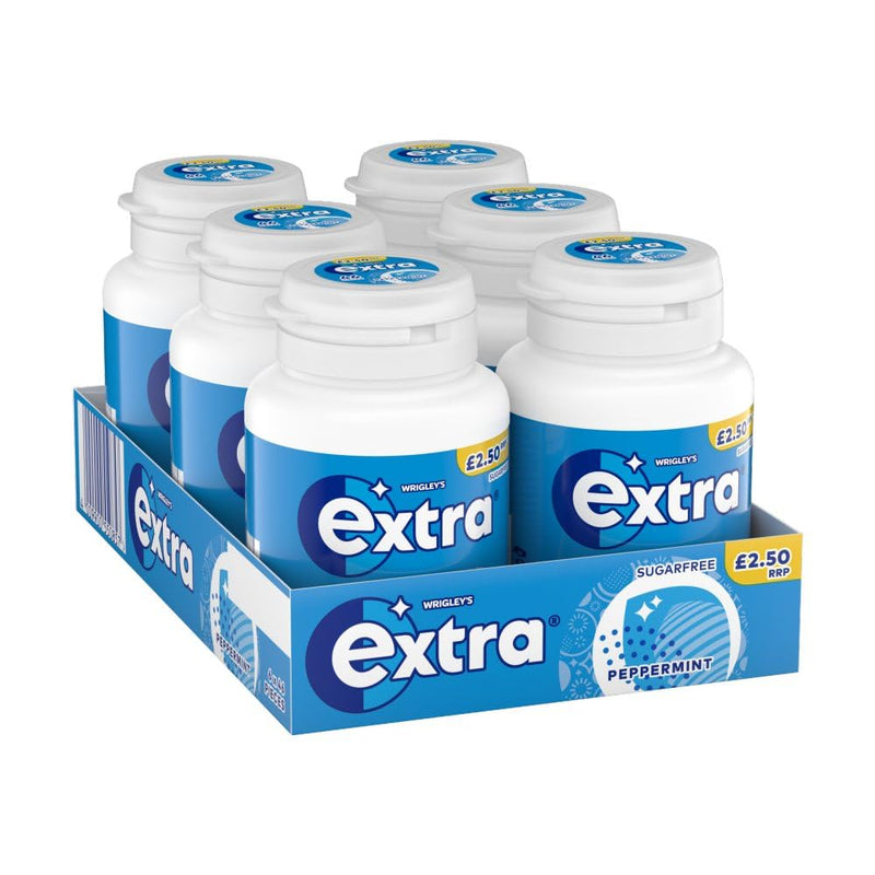 Wrigley's Extra Chewing Gum, Peppermint Flavour, 6 Bottles of 46 Pieces, Extra Blue, Price Marked, Sugar Free Chewing Gum, Bulk Pack with Xylitol, 276 pieces