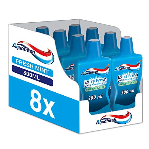 Aquafresh Mouthwash Extra Fresh Daily Mouthwash Fresh Mint, from 6 Years to Adults, Pack of 8 x 500ml
