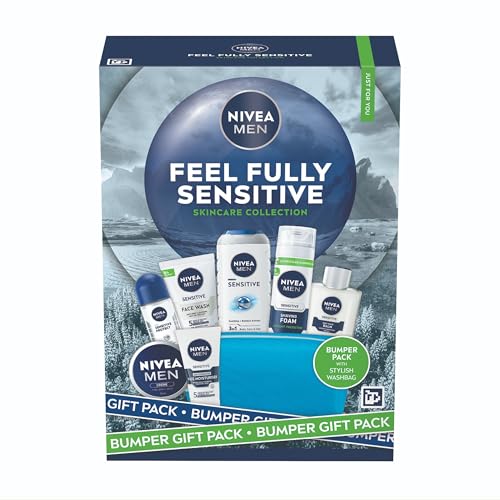 NIVEA MEN Feel Fully Sensitive Skincare Gift Set (8 Products) - Men's Gift Set - Includes Shower Gel, Anti-Perspirant, Face Wash, Shaving Foam, Post Shave Balm, Moisturisers – With Wash Bag