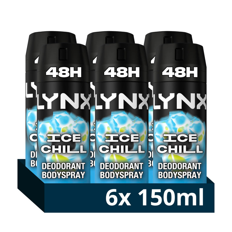 Lynx Ice Chill Aerosol Body Spray Men's Deodorant Spray with an iced mint & lemon scent for 48 hours of odour-busting, high definition fragrance 6x 150 ml