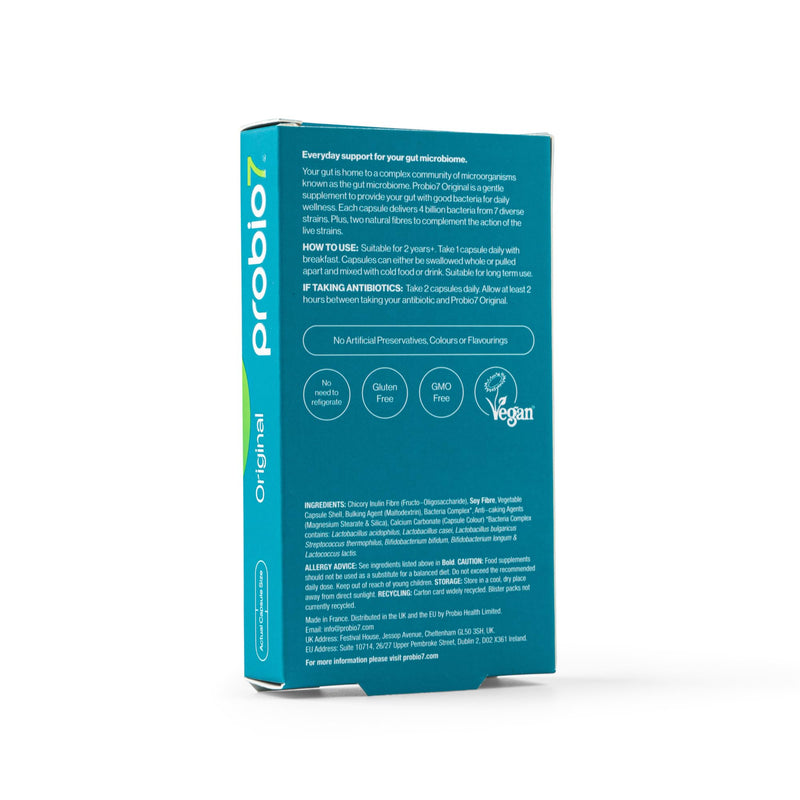 Probio7 Original | Vegan Approved | with 4 Billion CFU, 7 Live Bacterial Strains + 2 Types of Natural Fibre | Digestive Health Supplements, Probiotics for Gut Health