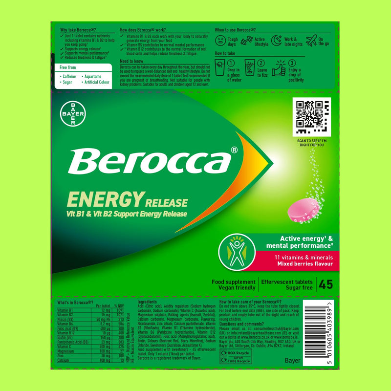 Berocca Vitamin C Effervescent Tablets, Mixed Berries Flavour, 45 Tablets