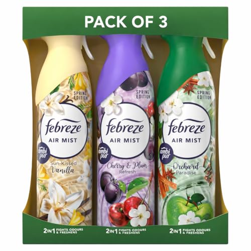 Febreze Air Freshener SUN KISSED VANILLA, CHERRY & PLUM, ORCHARD PARADISE - SPRING EDITION Spray 185ml x 3 | Odour Eliminator with OdourClear Technology | Long-Lasting Room Freshener