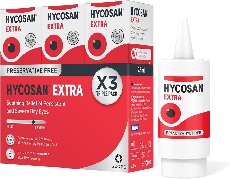 3 X Hycosan Extra Preservative-Free Lubricating Eye Drops 7.5mls