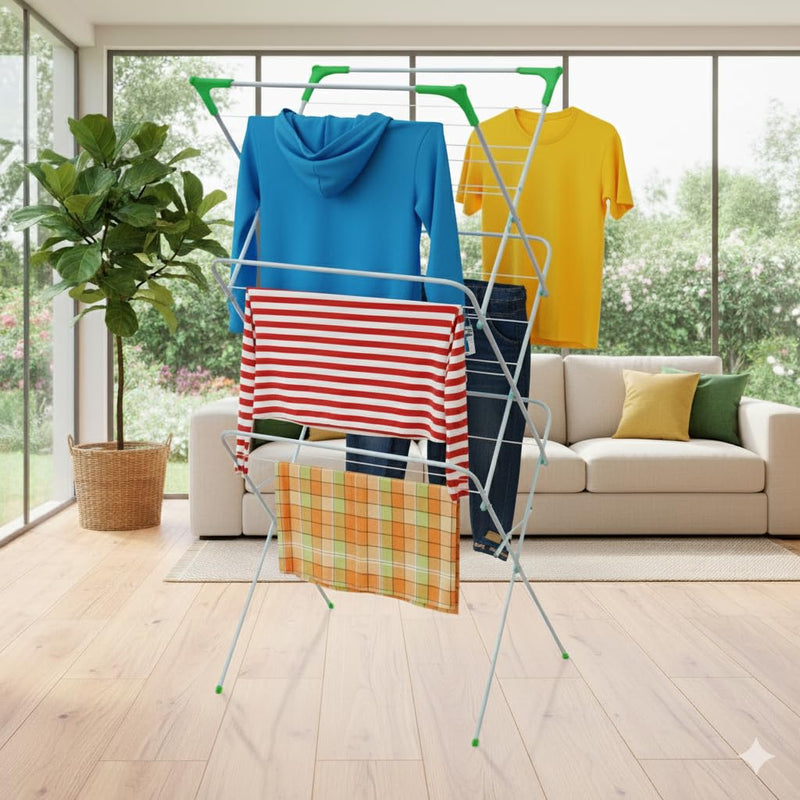 Big Brands Direct 3-Tier Folding Clothes Airer, Indoor Outdoor Laundry Drying Rack with Non-Slip Feet, Corner Hanger Spaces, Lightweight Space Saving Design