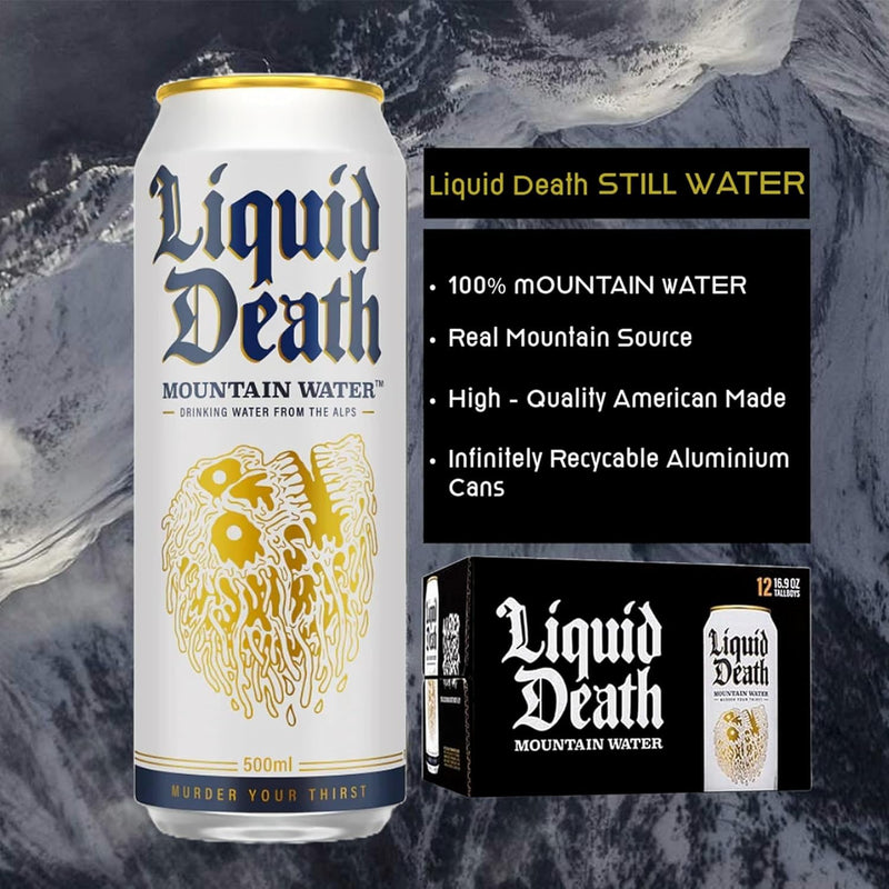 Liquid Death Still Drinking Water - Pack of 24 Cans x 500ml Drinking Mountainwater From The Alps. Canned - Perfect Companion for any Outdoor Activity, Trip Drink or Workout, Gym
