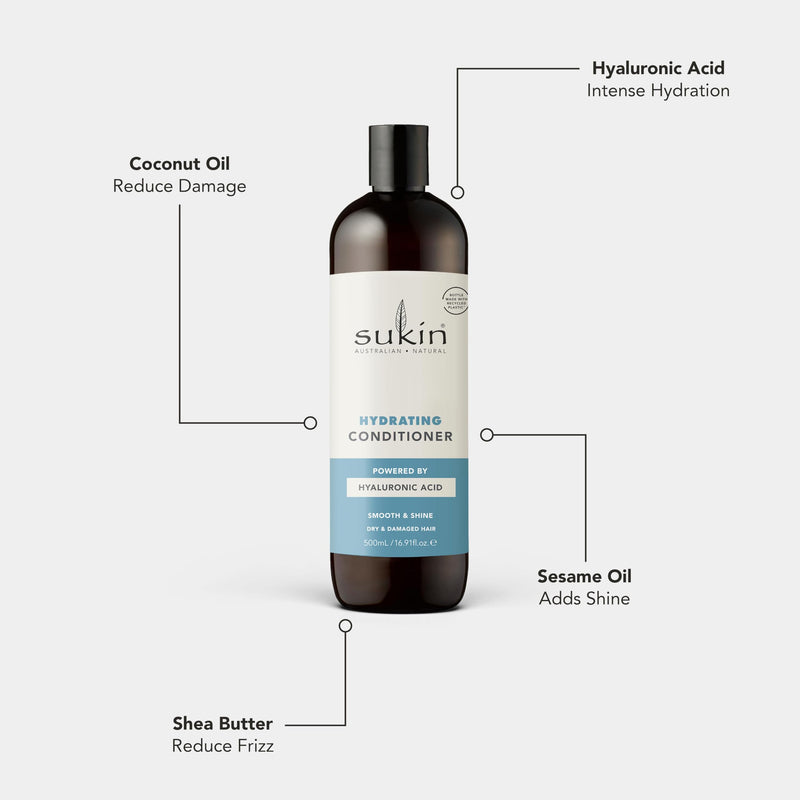 Sukin Hydrating Conditioner 500ml - strengthens and repairs dry and damaged hair, adds shine and tames frizz - with Coconut Oil & Shea Butter; cruelty free & vegan friendly.