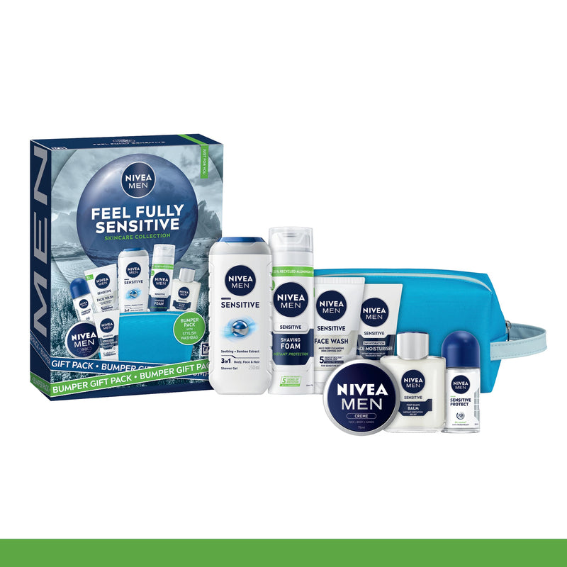 NIVEA MEN Feel Fully Sensitive Skincare Gift Set (8 Products) - Men's Gift Set - Includes Shower Gel, Anti-Perspirant, Face Wash, Shaving Foam, Post Shave Balm, Moisturisers – With Wash Bag