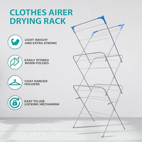 3 Tier Folding Clothes Airer - For Laundry, Indoor And Outdoor | Non-Slip Feet & Corner Spaces for Hangers | Home Storage - Foldable Drying Rack, Lightweight, Space Saving Washing Line