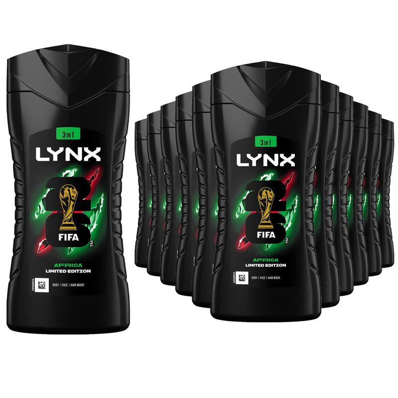 Lynx Limited Edition FIFA Africa 3-in-1 Body Wash 225ml, 12 Pack Men's Shower Gel for Body Hair Face, 12H Refreshing Fragrance, Hydrating Cleansing Shower Gel, Daily Grooming Body Wash for Men