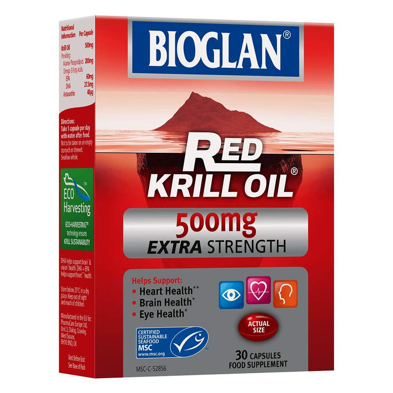 Bioglan Red Krill Oil | 500mg | High in Omega-3 | EPA & DHA | help Support Heart Eye & Brain health | One Month supply | 30 Capsules