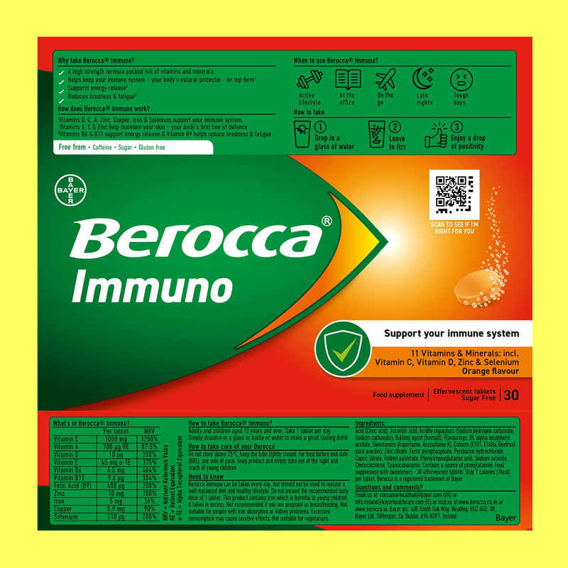 Berocca Immuno Effervescent Tablets, 11 Vitamins & Minerals, 30 Tablets