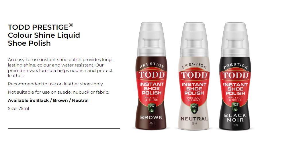 TODD PRESTIGE LIQUID SHOE POLISH NEUTRAL with Carnauba Wax | Instant Shine and Protect for Shoes, Boots, Bags | 75ml Bottle with Sponge