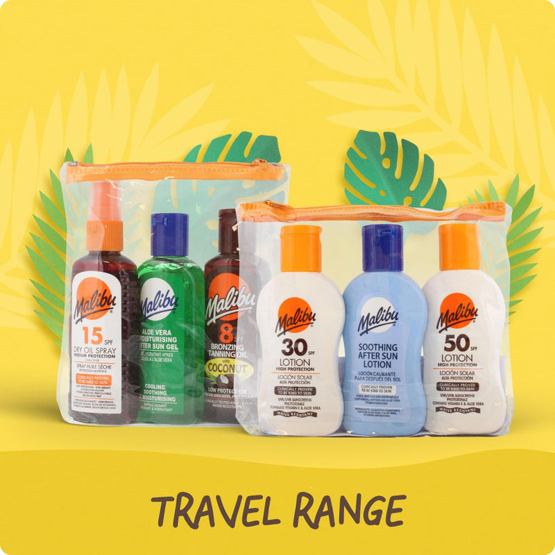 Malibu Sun Travel Tanning Essentials with Dry Oil Spray Medium Protection and After Sun Lotion, Multipack, 3