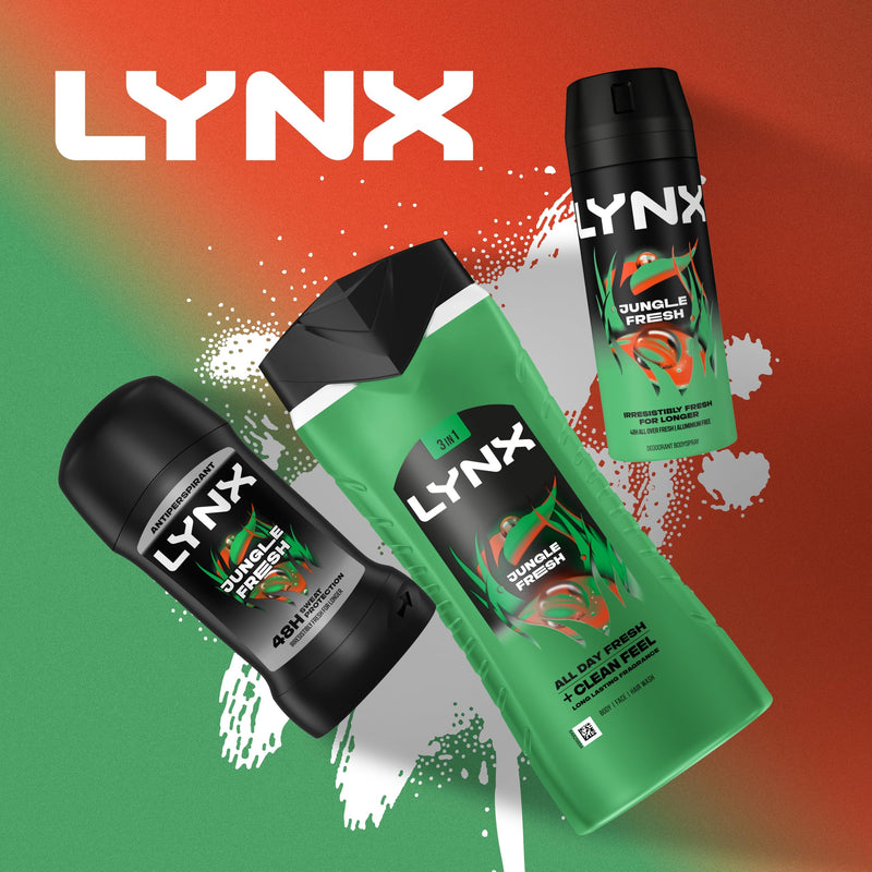 Lynx Jungle Fresh 3-in-1 Body Wash Hair, Face and Body Cleanser shower gel with a palm leaf & amber scent for an all day fresh & clean feel 6x 500 ml