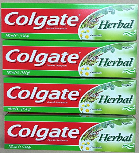Colgate Herbal Toothpaste - Multipack of 4 Pack Toothpaste With Eucalyptus, Myrrh, Camomile and Sage - Bulk Fluoride Tooth Paste Gel For Gum Disease - 100ml